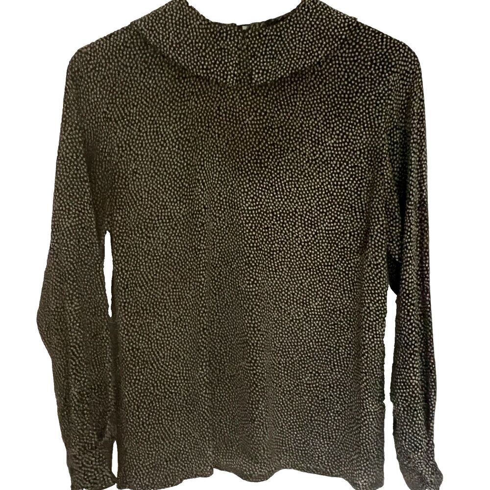 Vintage Jaeger Womens Blouse M Polka Dot Black Ivory Silk Blend Great Britian
